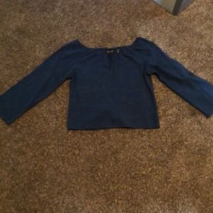 New York & Company Blue Linen Off Shoulder Blouse